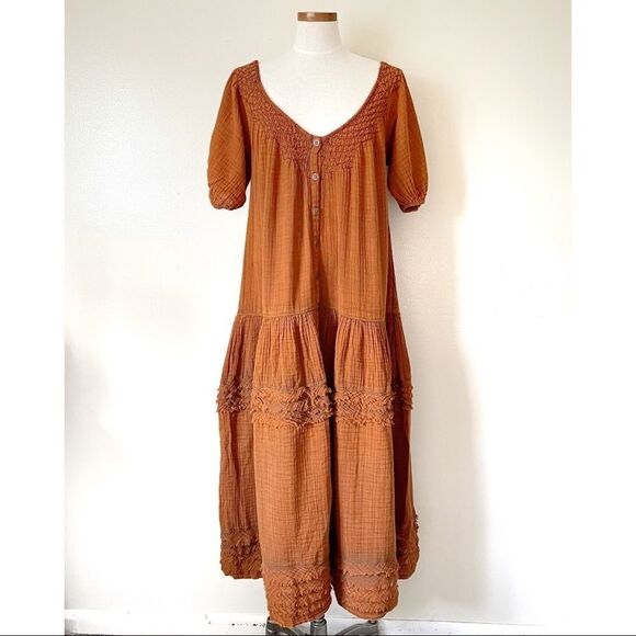 Free People Sunday Stroll Maxi Dress smocked oversized Small Burnt Clay Combo - Picture 3 of 14